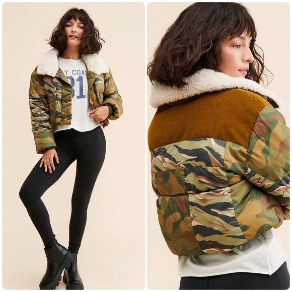 New! Free People x We The Free Camouflage Jacket with Shearling Collar 💚 Medium